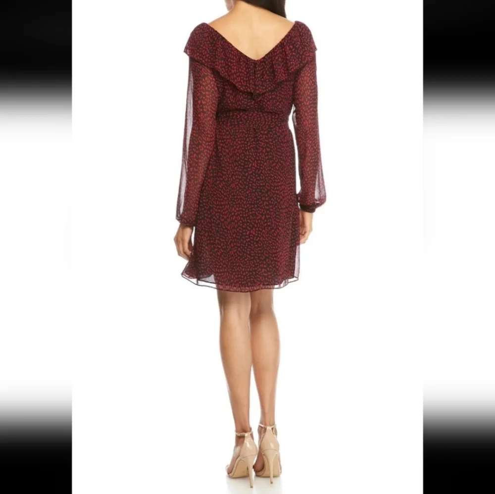 Michael Kors Red Leopard Print Ruffle Sheer Sleeve Dress Women's Size Large L - Picture 3 of 12